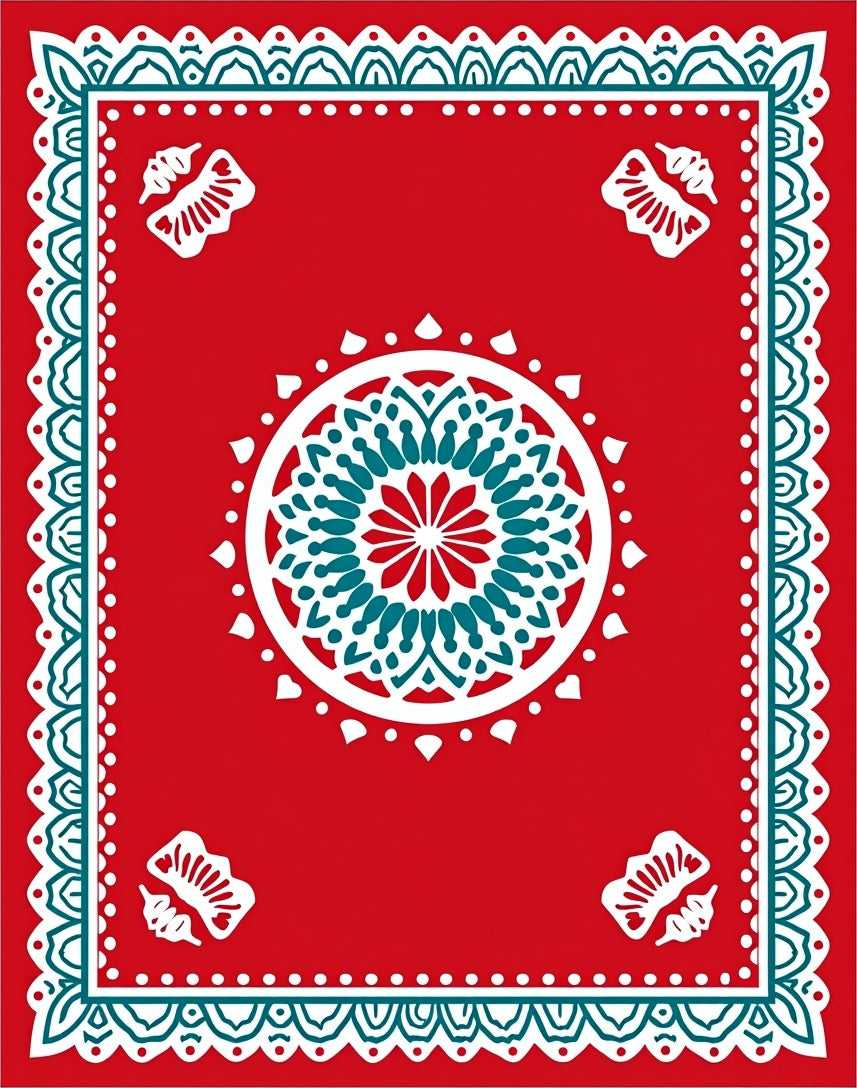 Crimson Teal Medallion Fan Border Rug