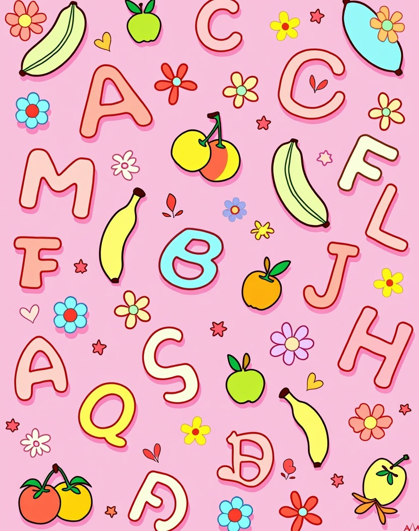 Whimsical Alphabet Fruit Floral Pink Rug