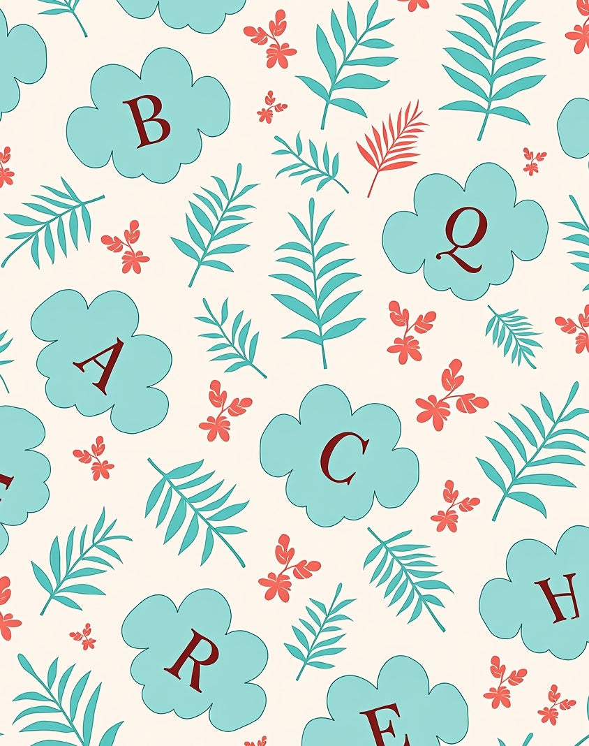 Teal Clouds Alphabet Botanical Floral Rug