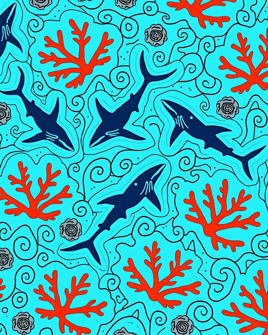 Blue Coral Shark Aquatic Illustration Rug