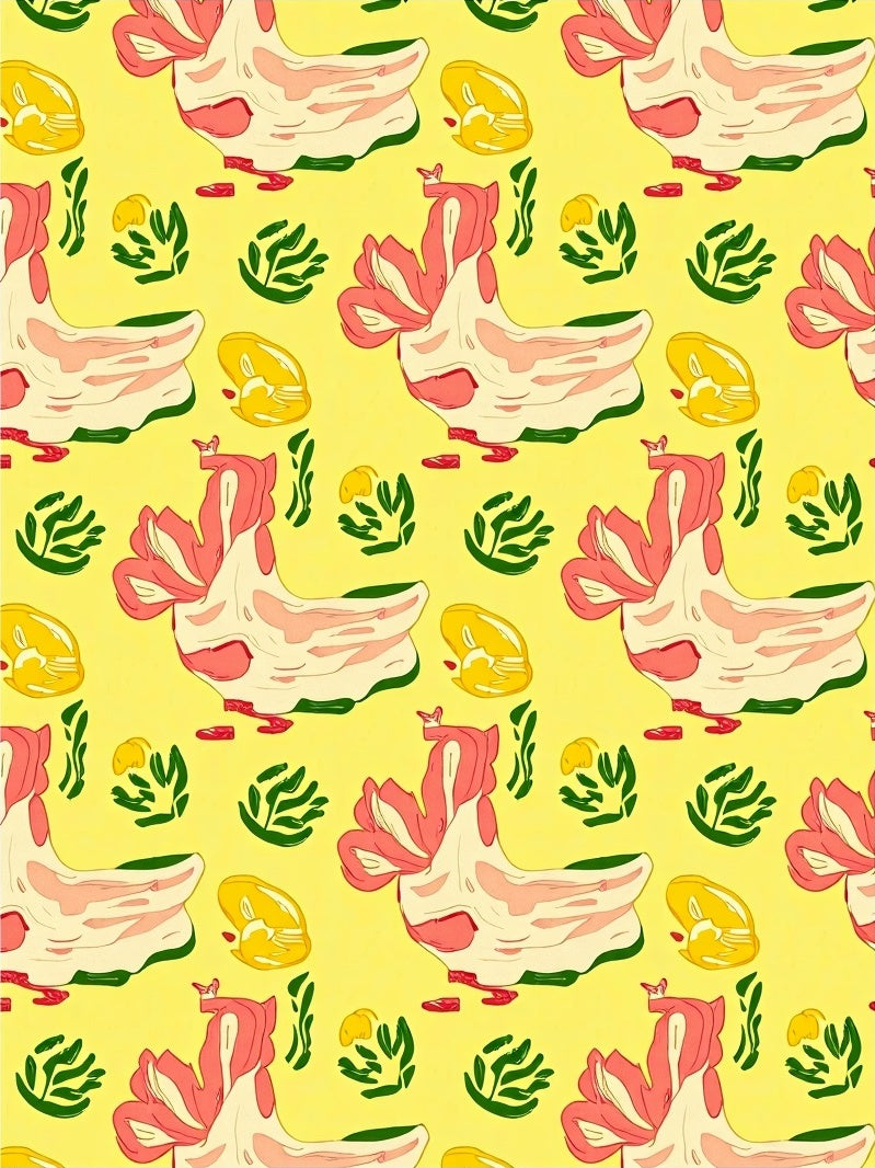Yellow Pink Rooster Garden Medallion Rug