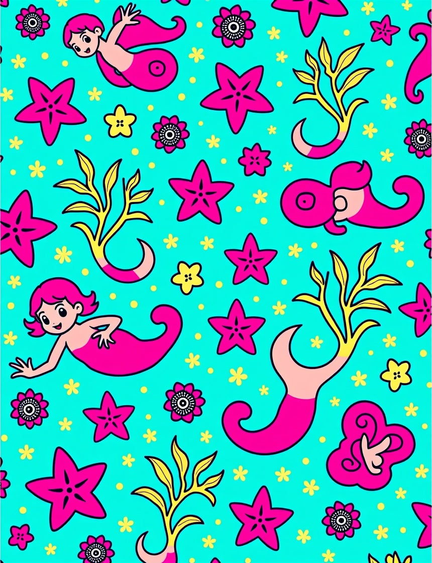 Cute Pink Mermaid Starfish Floral Aqua Rug
