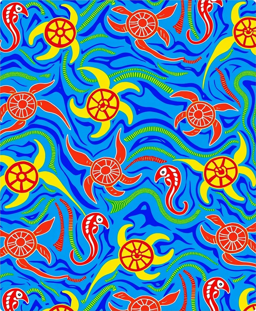 Vibrant Red Blue Turtle Sun Swirls Rug