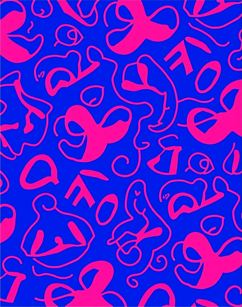 Vibrant Pink Figurine Abstract Blue Rug
