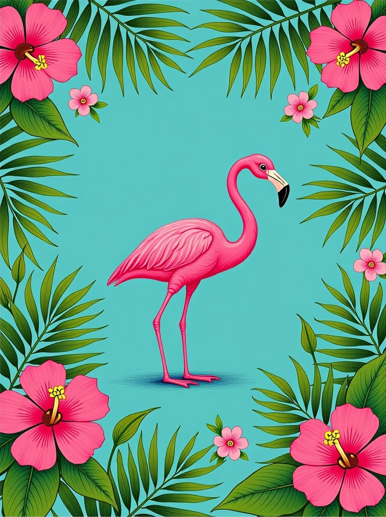 Pink Flamingo Tropical Hibiscus Greenery Rug