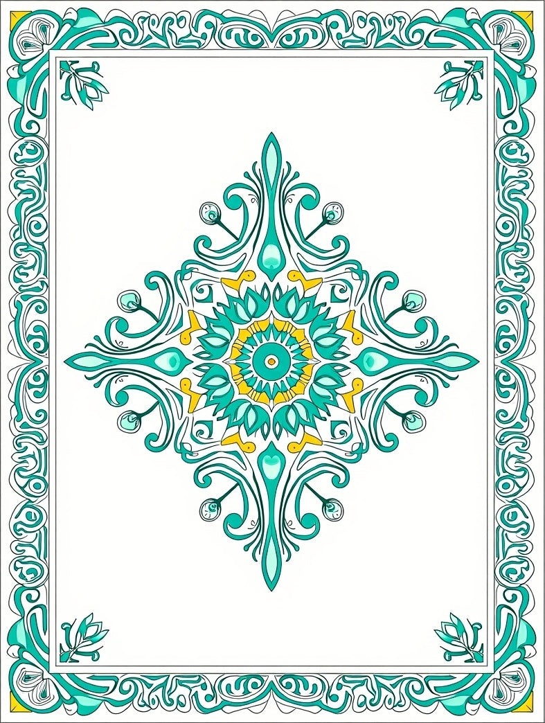 Elegant Teal Yellow Medallion Scroll Border Rug