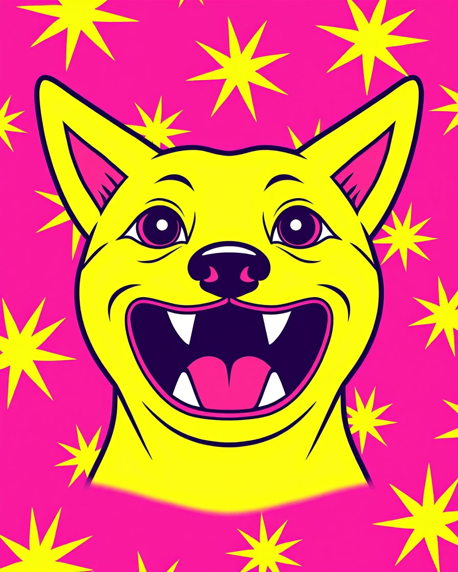 Vibrant Yellow Dog on Pink Starburst Rug