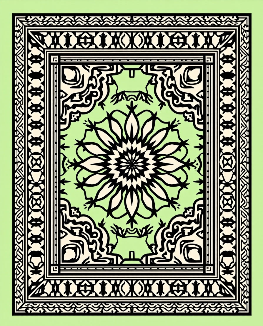 Light Green Black Medallion Floral Border Rug