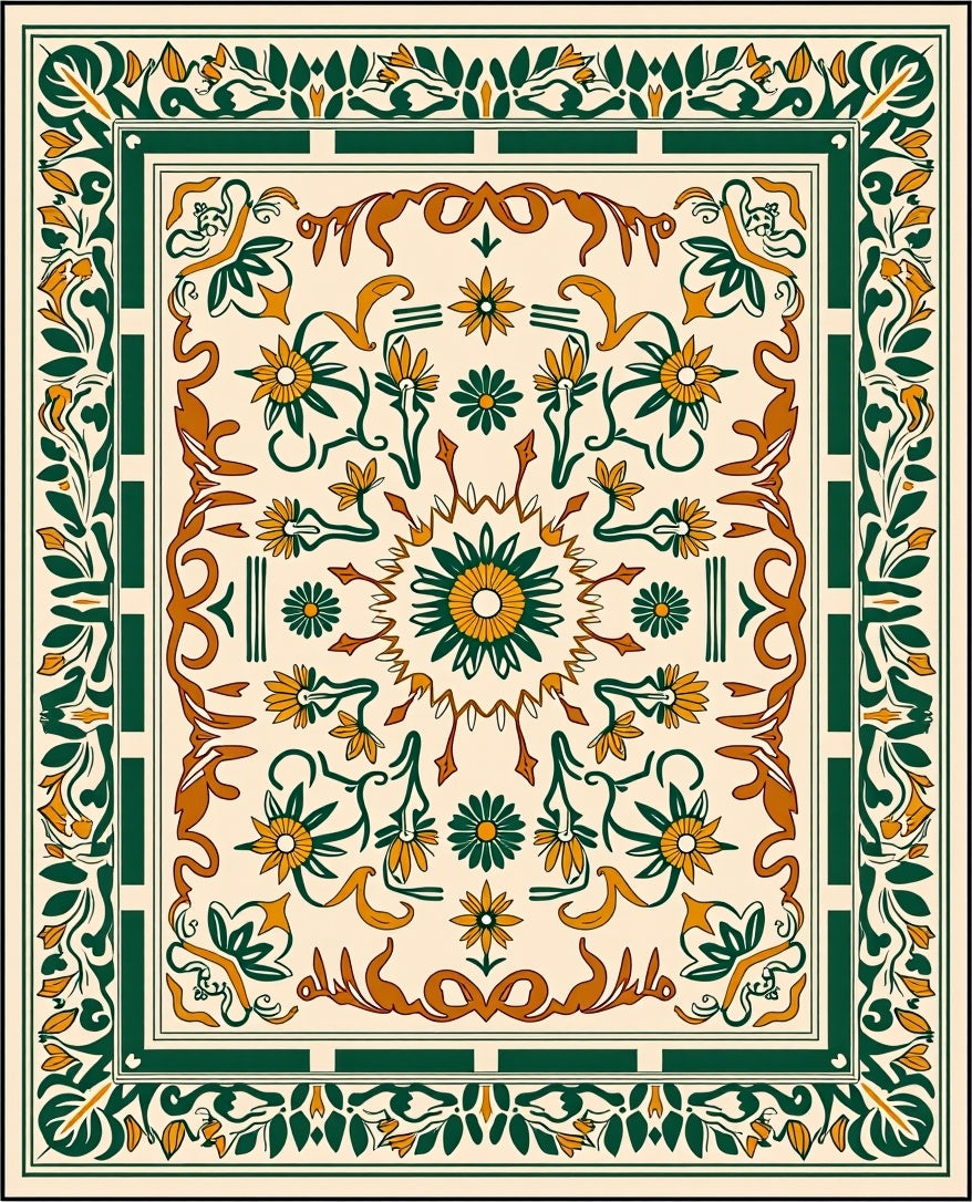 Cream Orange Green Floral Medallion Rug