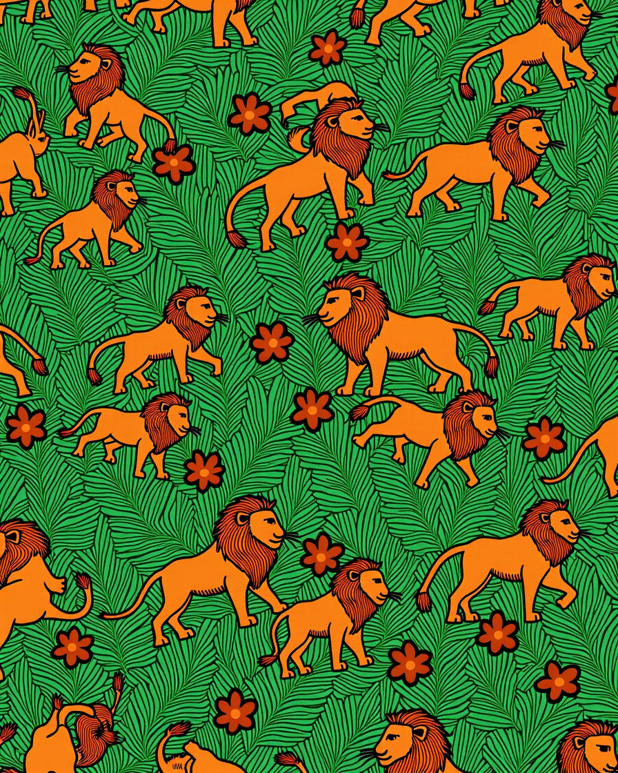 Orange Lion Jungle Foliage Scene Rug