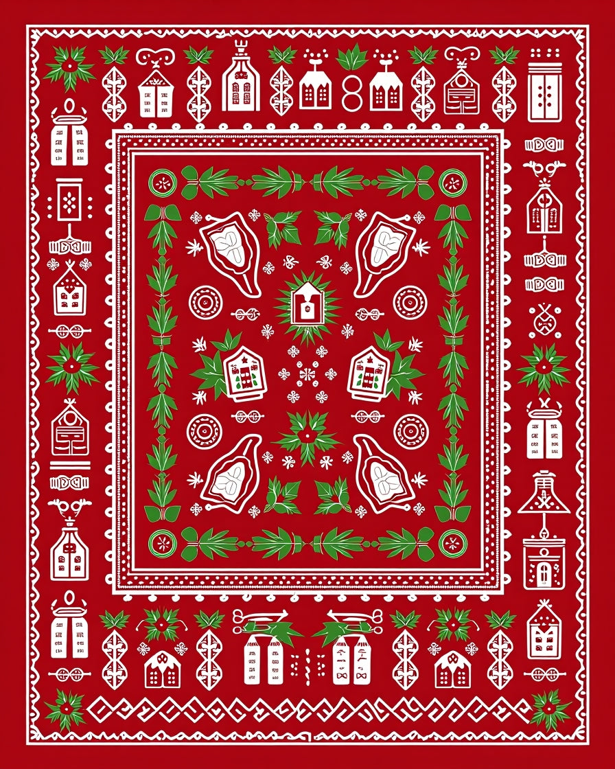 Red White Folk Art Village Border Rug