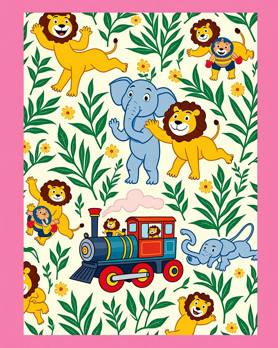 Playful Lions and Elephants Train Journey Rug
