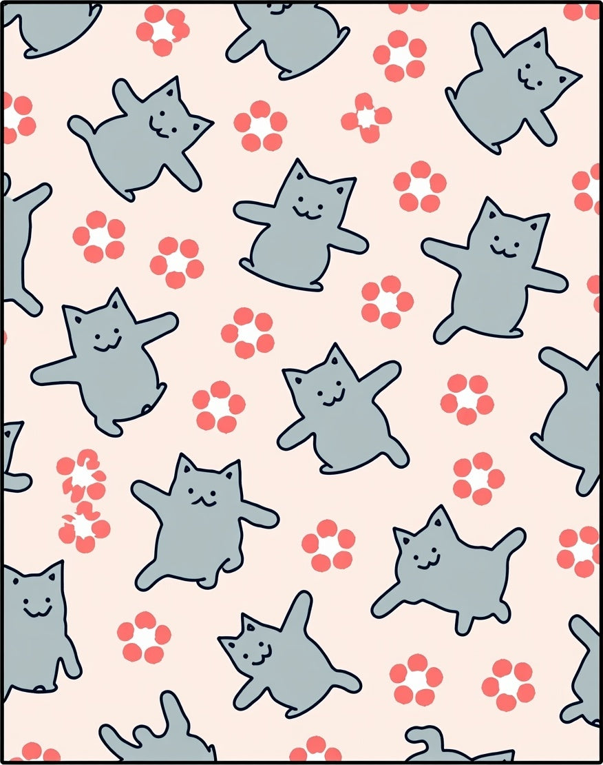 Playful Gray Cats Coral Blooms Rug