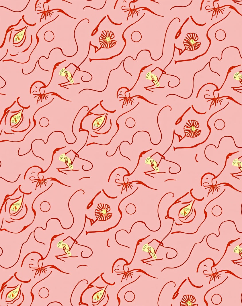 Whimsical Red Figures Pink Abstract Rug