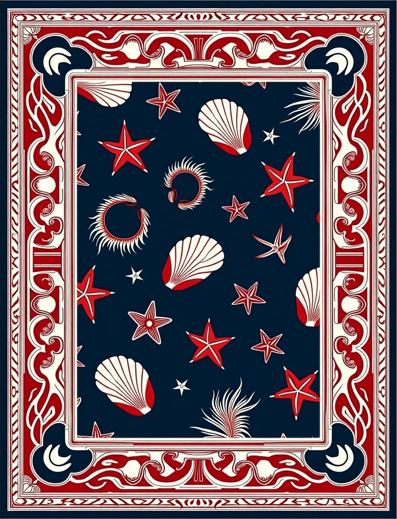 Navy Red White Seashell Starfish Charm Rug