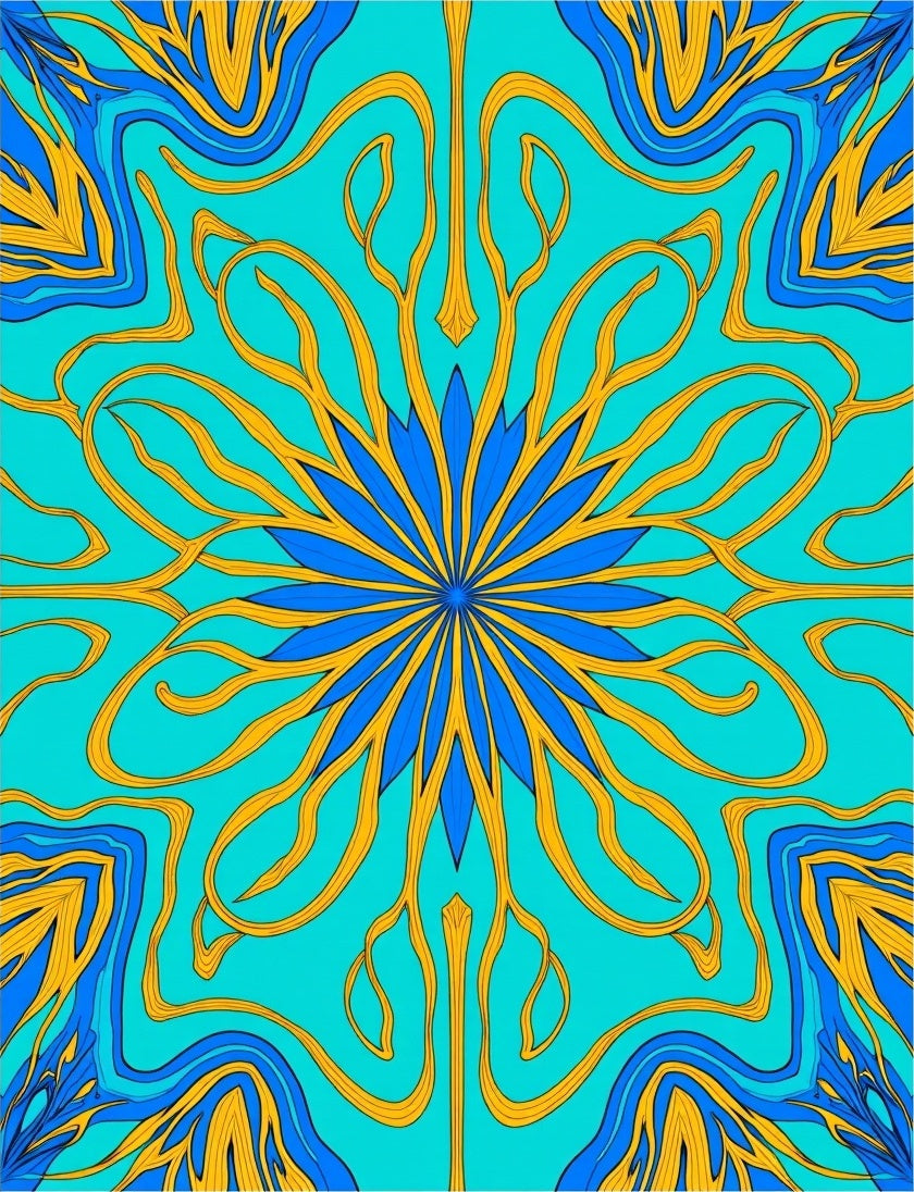 Turquoise Blue Golden Art Nouveau Bloom Rug