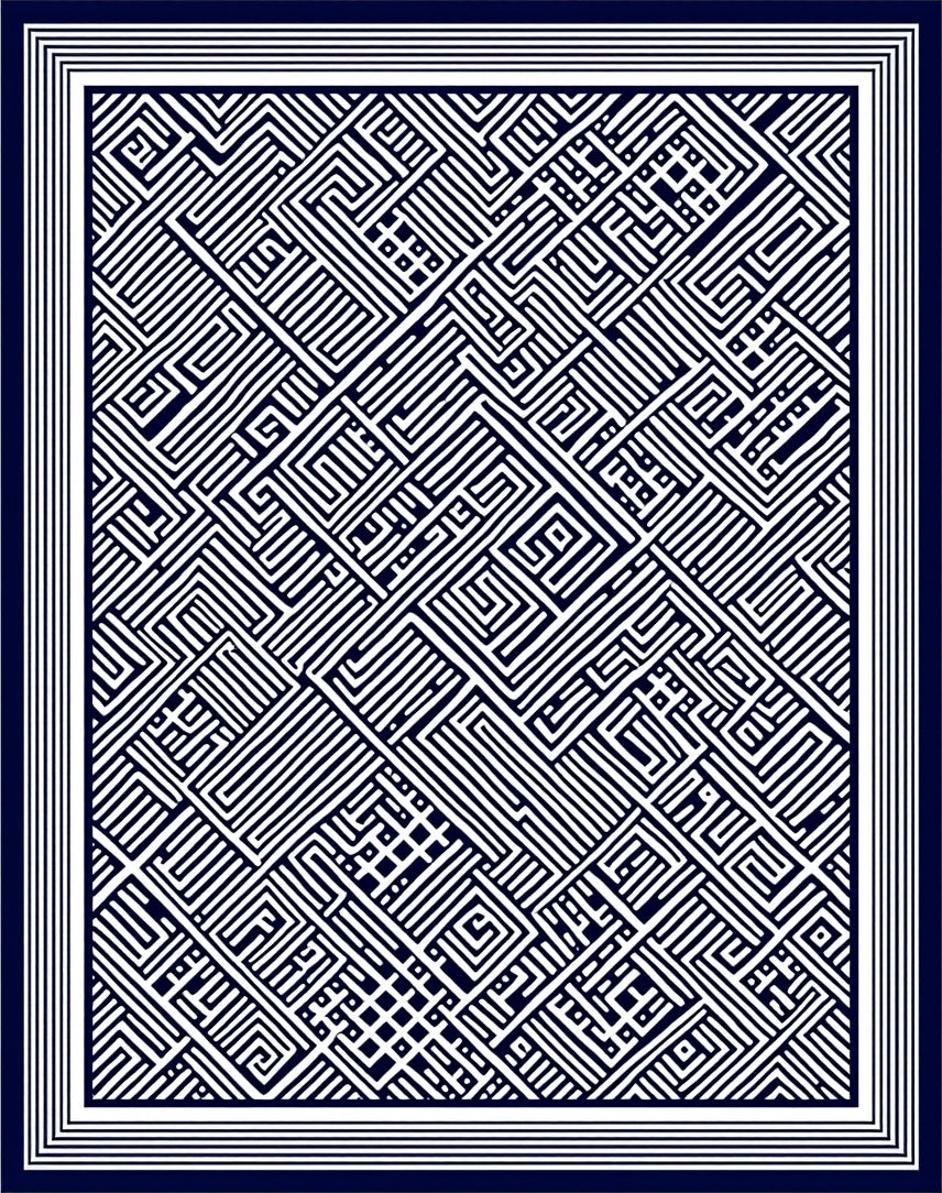 Navy White Geometric Labyrinth Border Rug