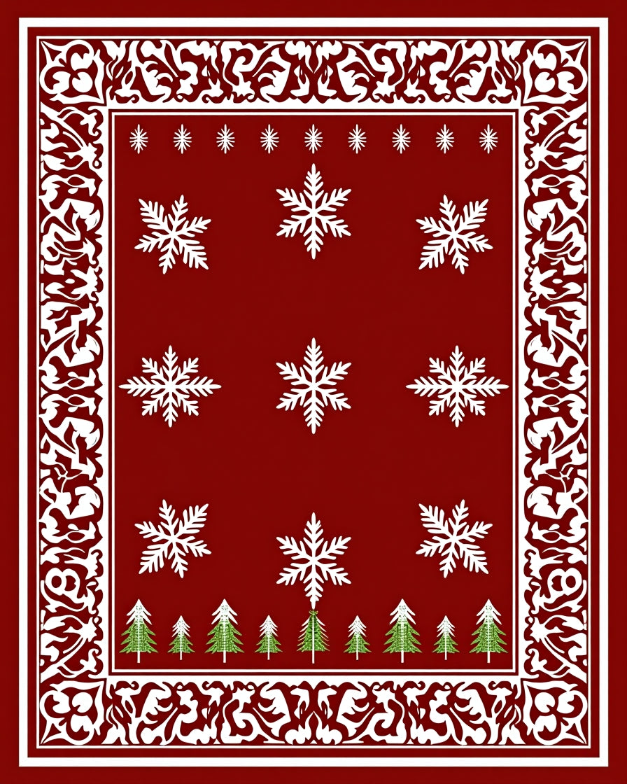 Crimson Snowflakes Evergreen Forest Border Rug