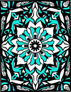 Black Teal White Medallion Floral Graphic Rug