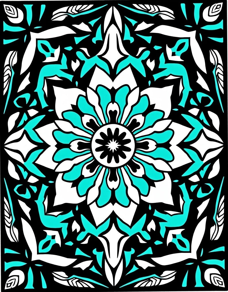 Black Teal White Medallion Floral Graphic Rug