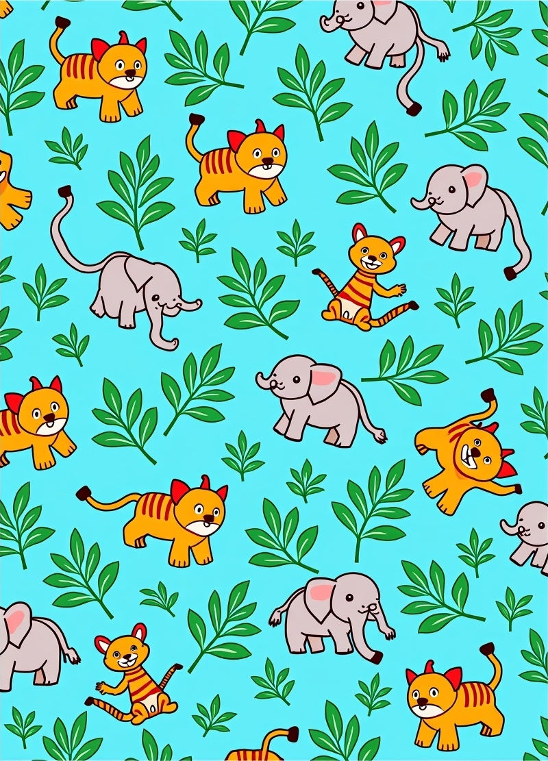 Cute Elephants Tigers Green Leaves Rug
