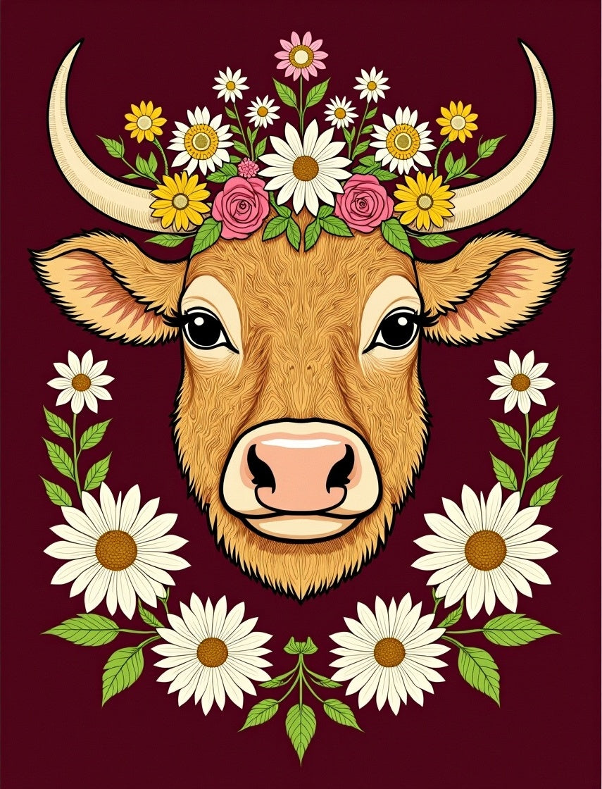 Whimsical Highland Cow Floral Wreath Rug