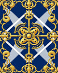 Ornate Gold Scrollwork on Blue Diamond Rug