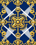 Ornate Gold Scrollwork on Blue Diamond Rug