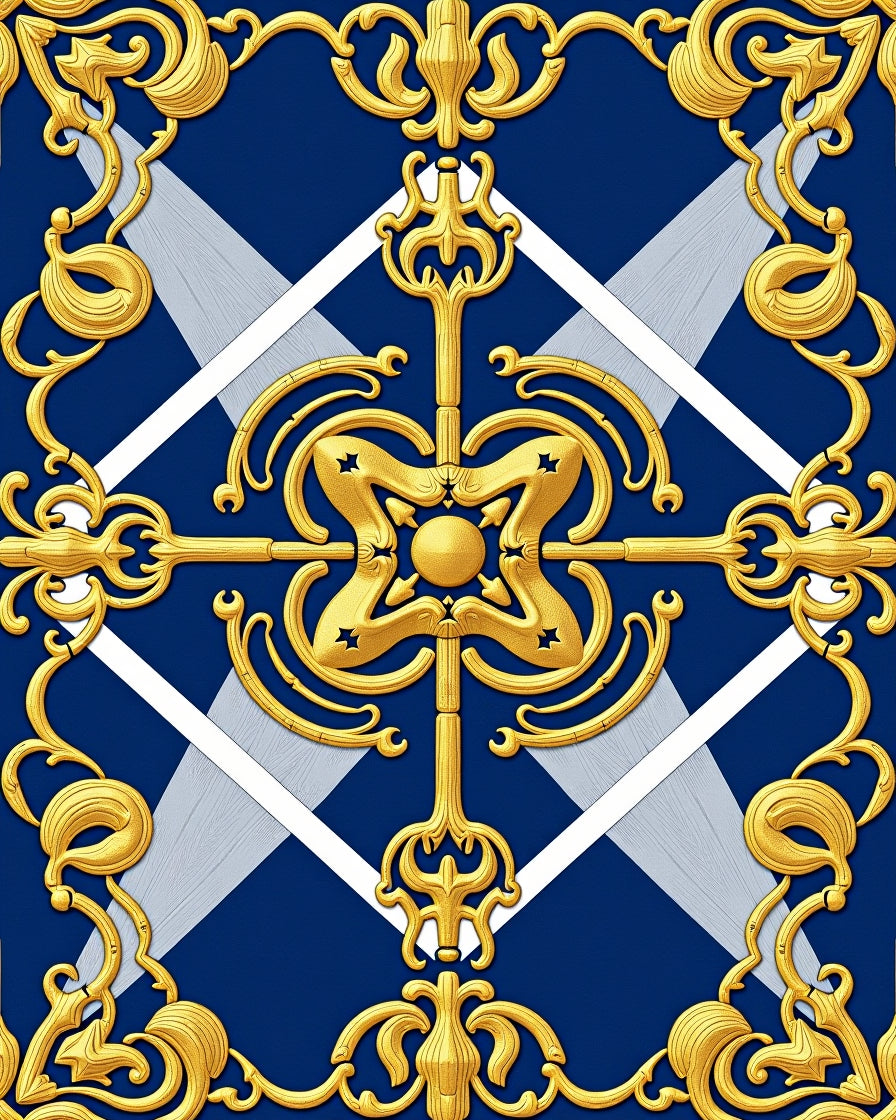 Ornate Gold Scrollwork on Blue Diamond Rug