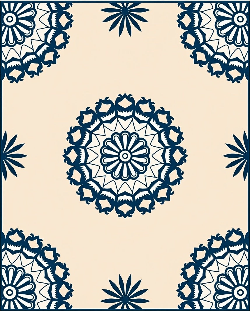 Navy Blue Medallion Cream Background Rug