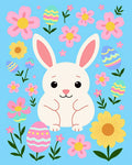 Bunny Flowers Easter Eggs Blue Background Rug