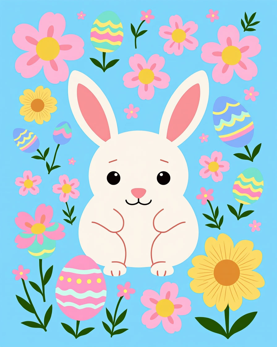 Bunny Flowers Easter Eggs Blue Background Rug