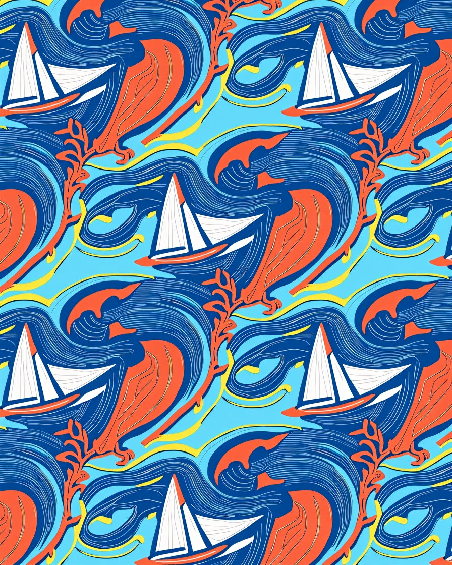 Nautical Sailboats Blue Orange Waves Rug