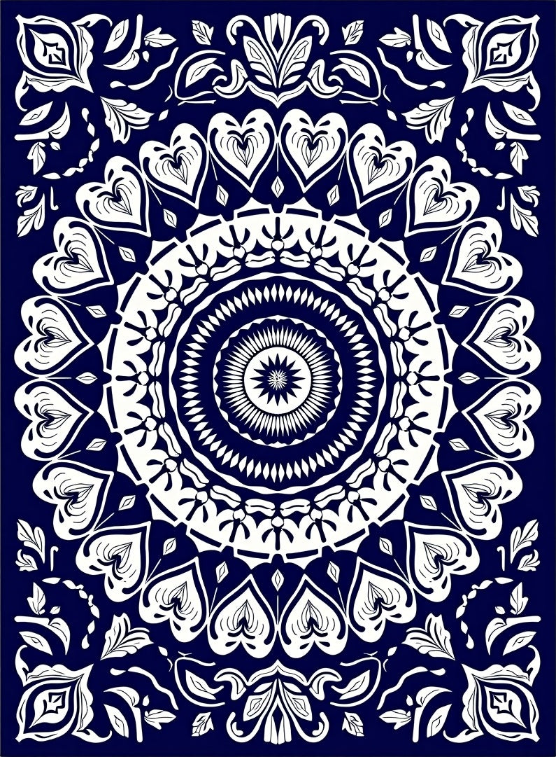 Navy White Heart Mandala Garden Rug