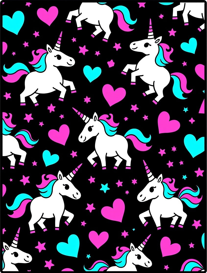 Whimsical Unicorn Hearts Stars Black Rug