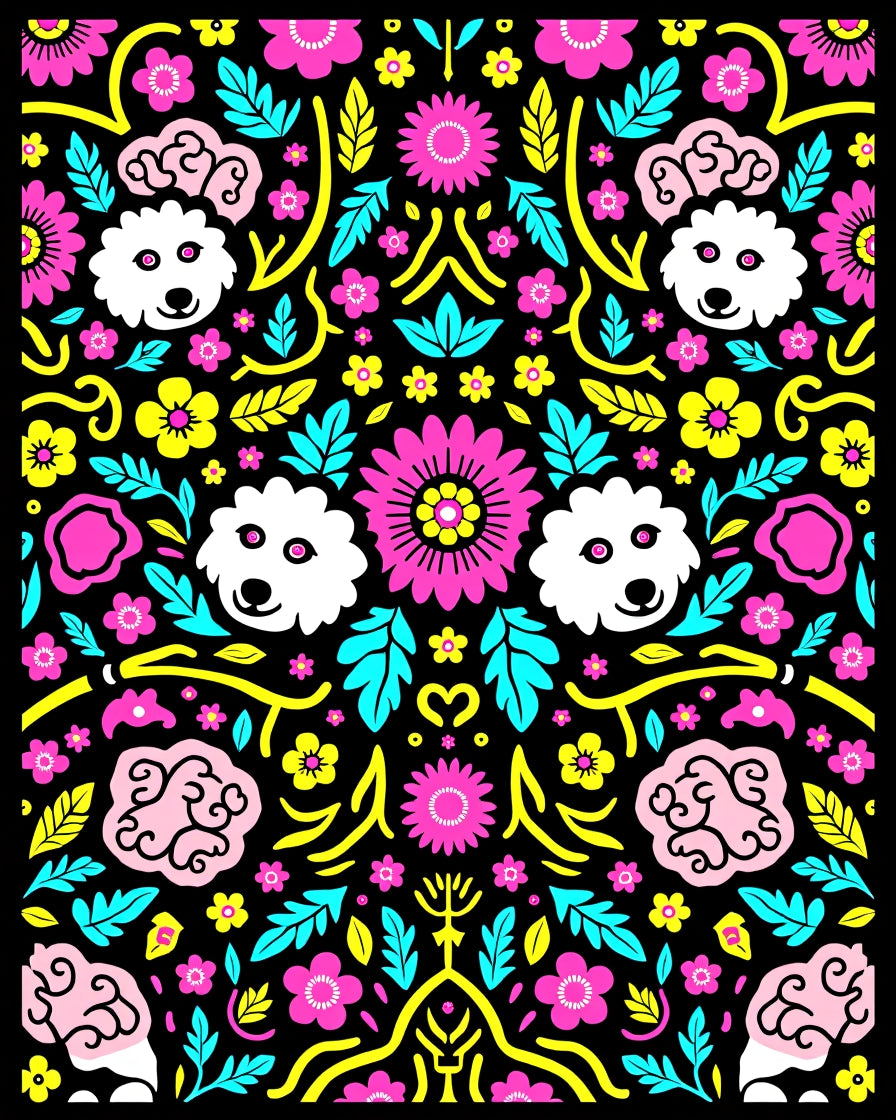 Whimsical pink dog floral art Rug