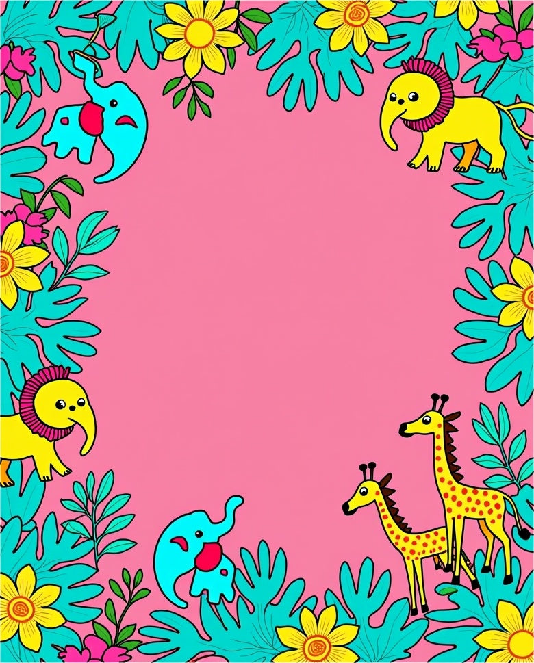 Jungle Safari Animals Pink Floral Border Rug