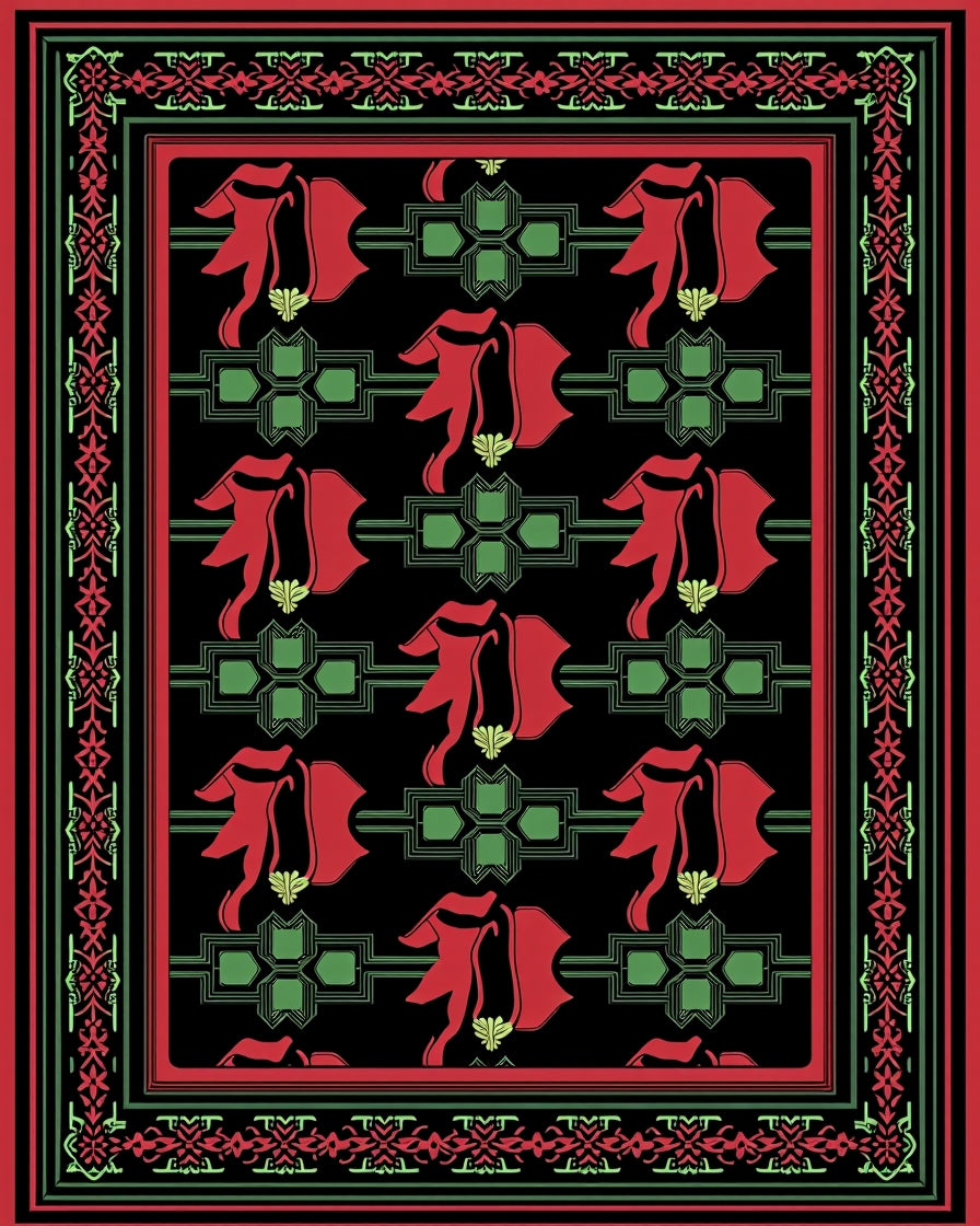 Crimson Red Green Floral Border Art Rug