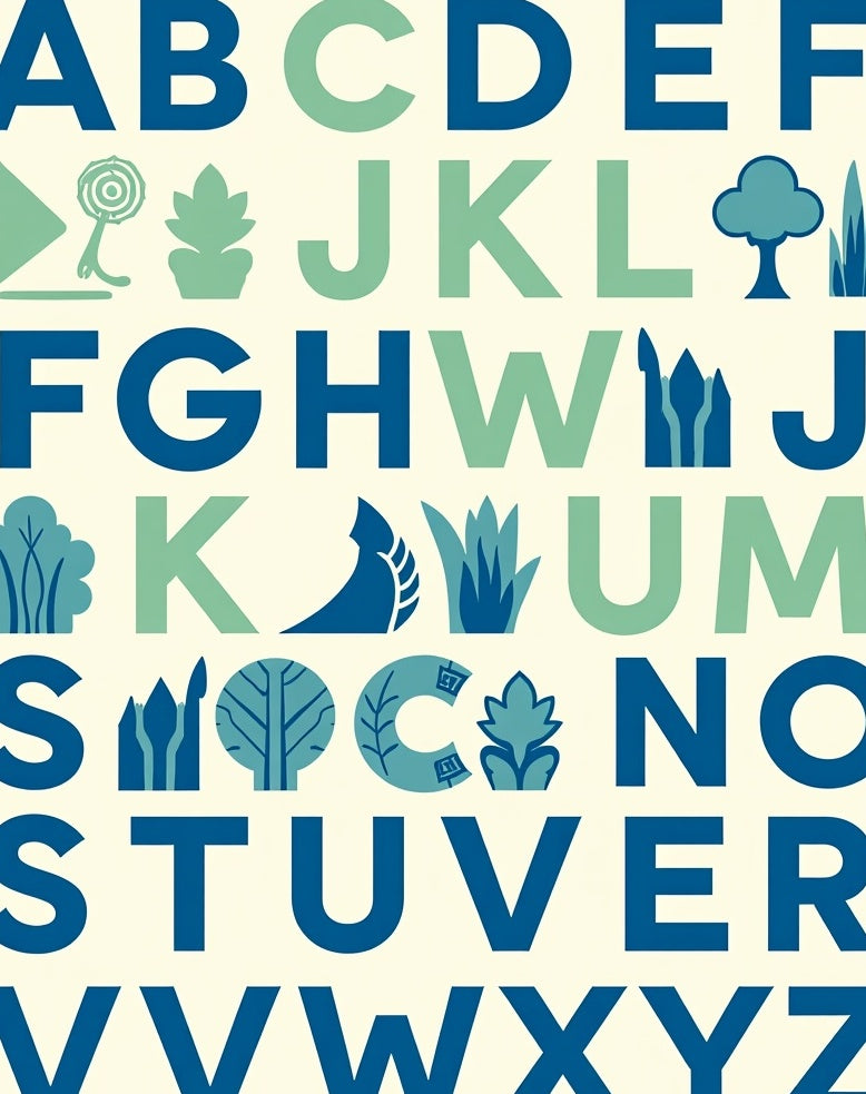 Blue Green Alphabet Nature Motifs Rug