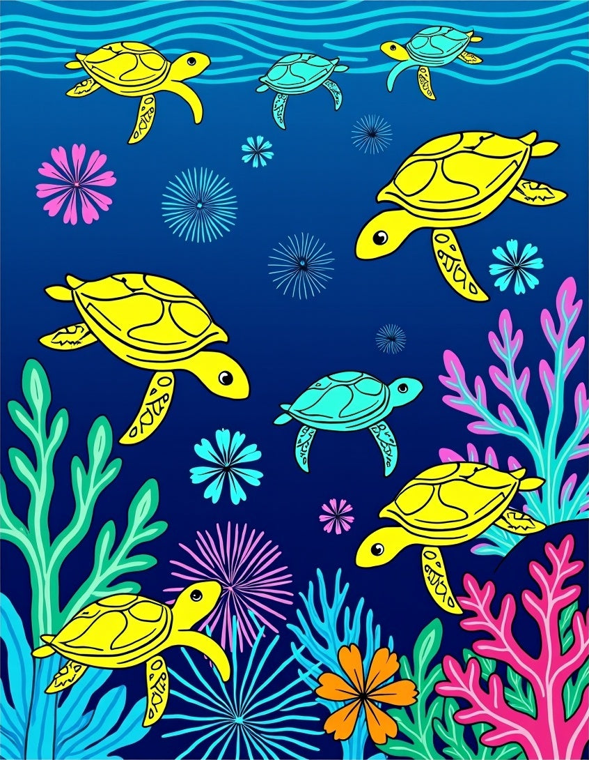 Oceanic Green Yellow Sea Turtle Coral Rug