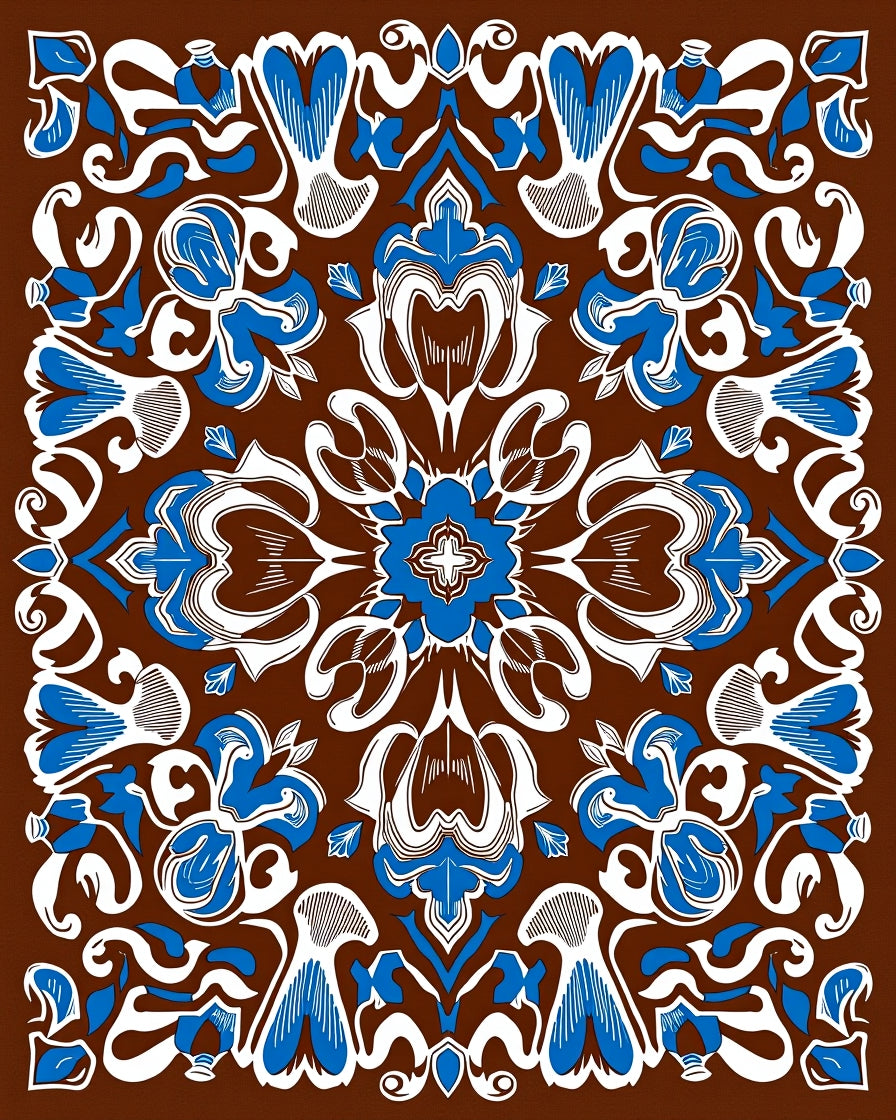 Elegant Blue White Floral Medallion Brown Rug