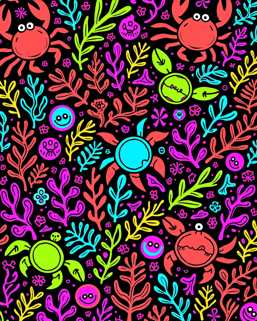 Vibrant Neon Ocean Coral Creatures Rug