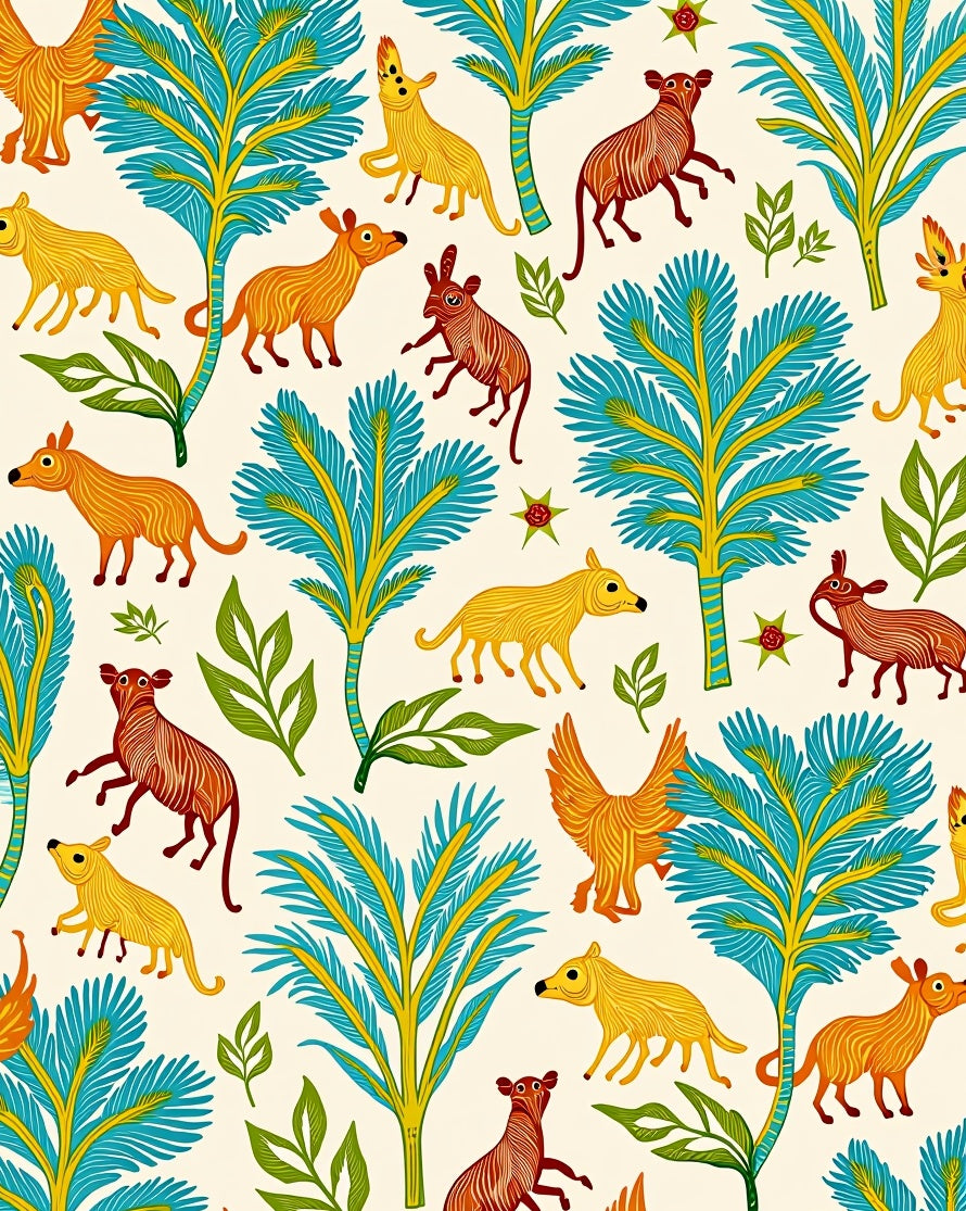 Folk Art Woodland Animals Tropical Trees Rug