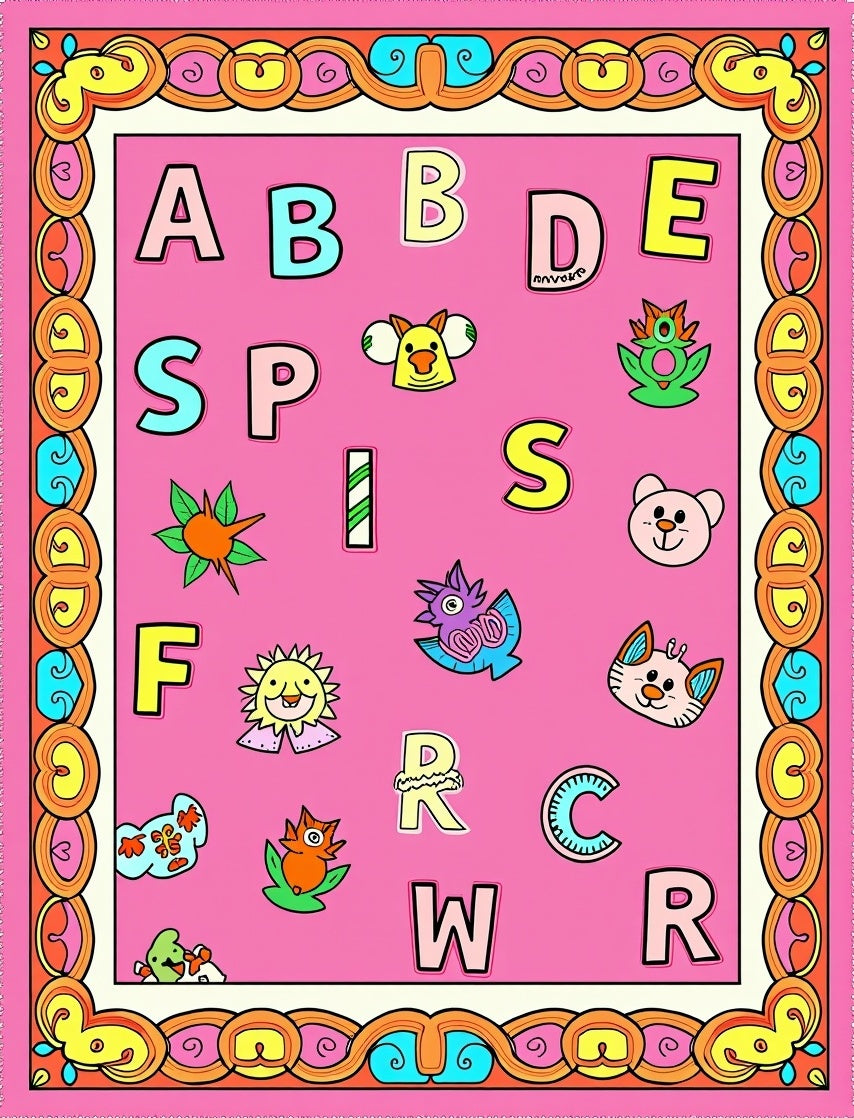 Playful Pink Alphabet Characters Border Rug