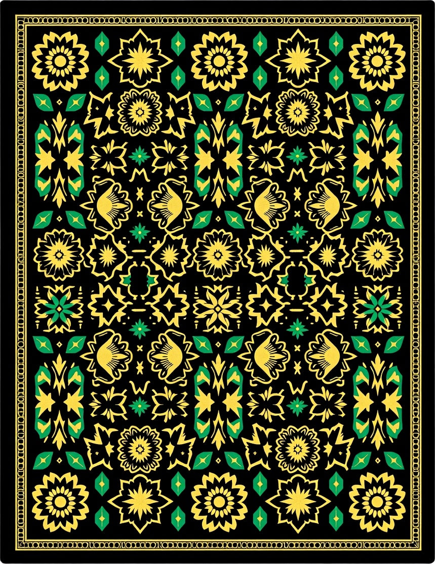 Black Yellow Green Floral Medallion Rug