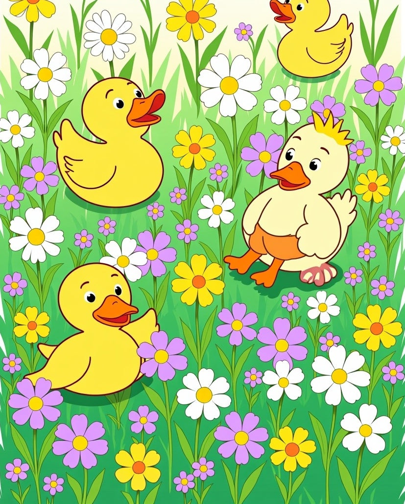 Yellow Ducklings Among Colorful Flowers Rug