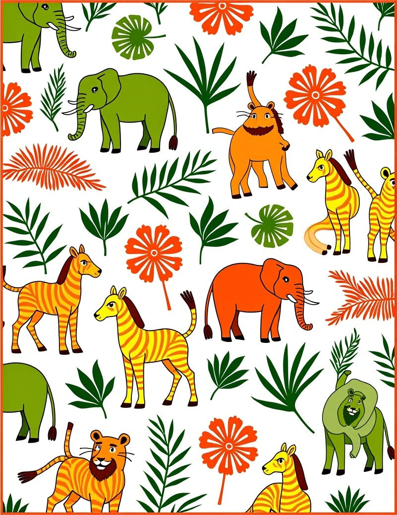 Playful Safari Animals Orange Green Zebras Rug