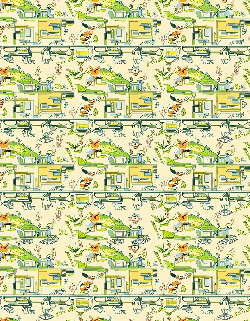 Whimsical Green Cartoon Animal Landscape Rug