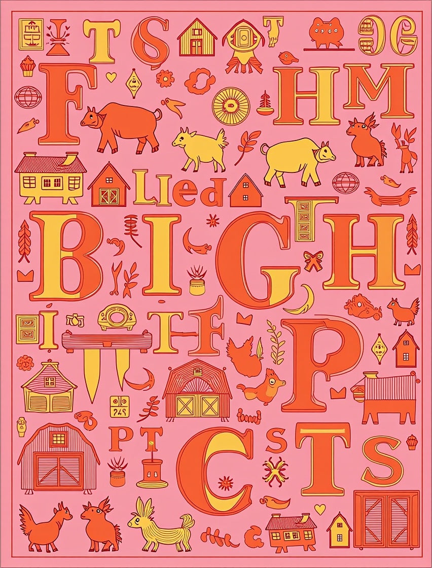 Farm Alphabet Whimsical Pink Orange Rug