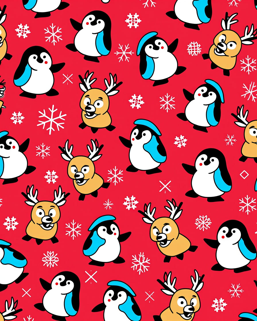Whimsical Red Penguin Reindeer Snowflakes Rug